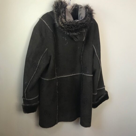 PIZAZZ  Vintage Y2K Faux Fur Shearling Hood Paisley Coat Jacket Cozy Fur Lined L - Picture 5 of 16